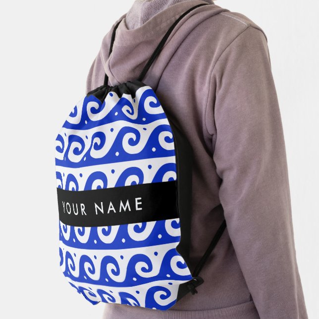 Greek Meander Key, Wave Key, Blue, Your Name Drawstring Bag (Insitu)