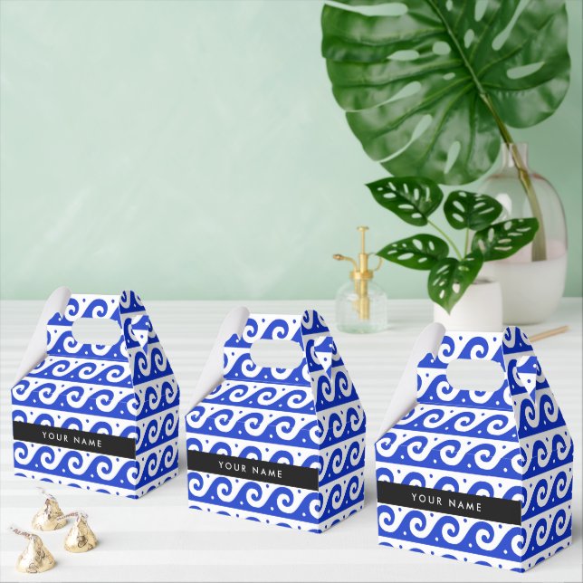 Greek Meander Key, Wave Key, Blue, Your Name Favor Boxes (Multiple)