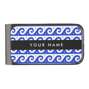 Greek Meander Key, Wave Key, Blue, Your Name Gunmetal Finish Money Clip