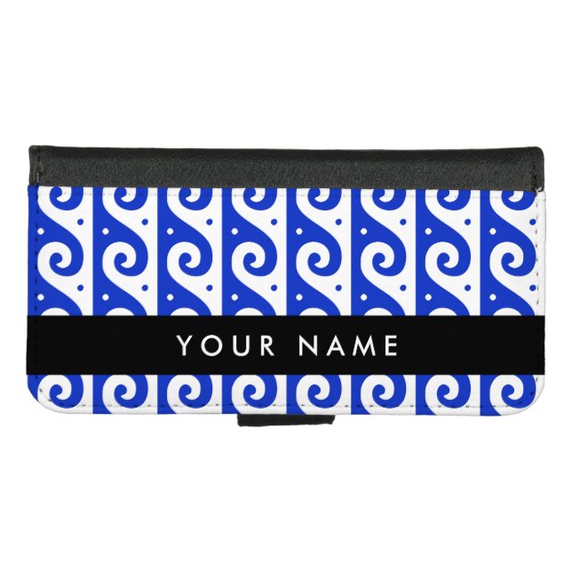 Greek Meander Key, Wave Key, Blue, Your Name iPhone Wallet Case (Front (Horizontal))