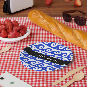 Greek Meander Key, Wave Key, Blue, Your Name Paper Plates