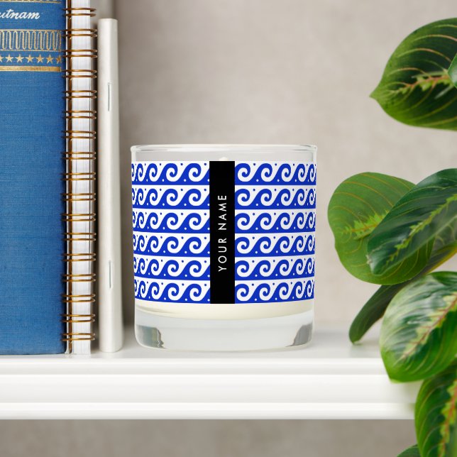 Greek Meander Key, Wave Key, Blue, Your Name Scented Candle (Shelf)