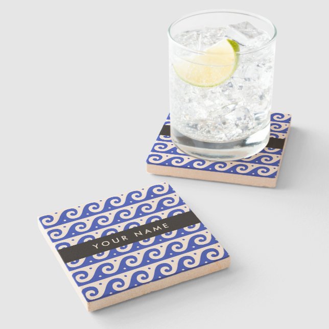 Greek Meander Key, Wave Key, Blue, Your Name Stone Coaster (Side)