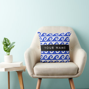 Greek Meander Key, Wave Key, Blue, Your Name Throw Pillow