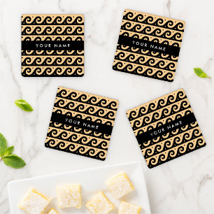 Greek Meander Key, Wave Key, Brown, Your Name Coaster Set