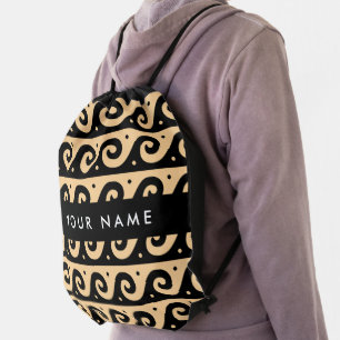Greek Meander Key, Wave Key, Brown, Your Name Drawstring Bag