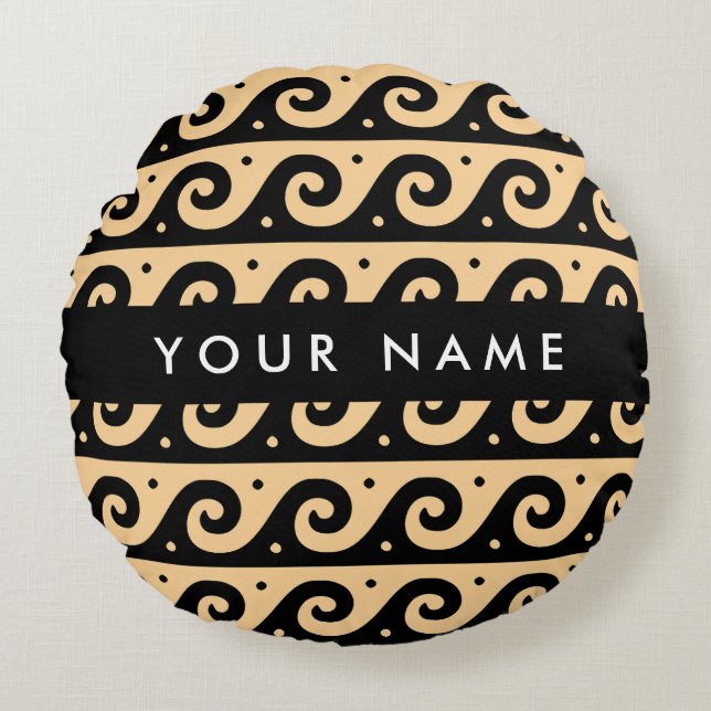 Greek Meander Key, Wave Key, Brown, Your Name Round Pillow (Front)