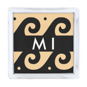 Greek Meander Key, Wave Key, Brown, Your Name Silver Finish Lapel Pin