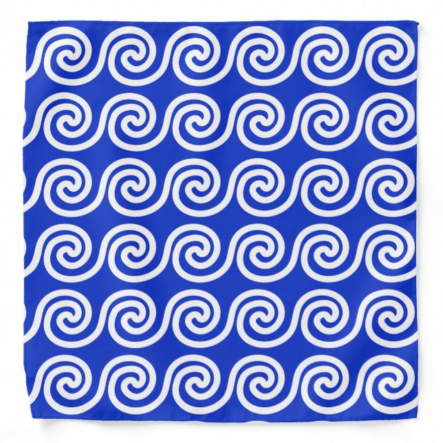 Greek Meander Key Waves Pattern Blue Bandana (Front)
