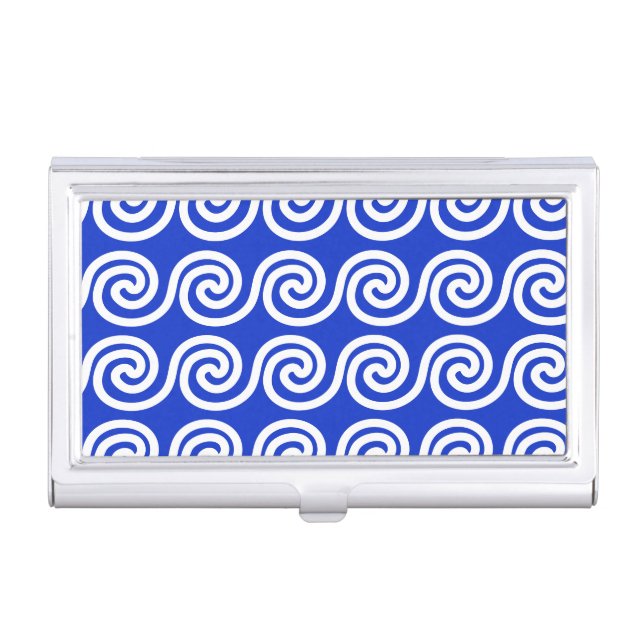 Greek Meander Key Waves Pattern Blue Business Card Case (Front)
