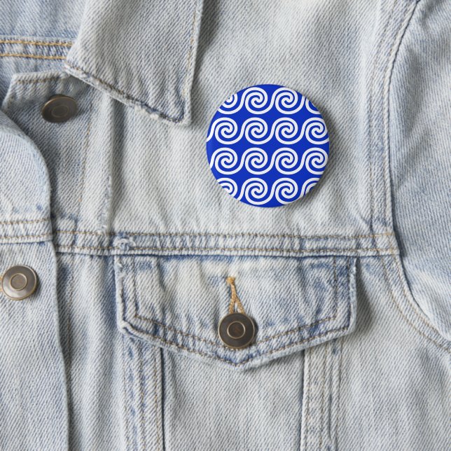 Greek Meander Key Waves Pattern Blue Button (In Situ)