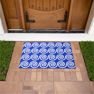 Greek Meander Key Waves Pattern Blue Doormat