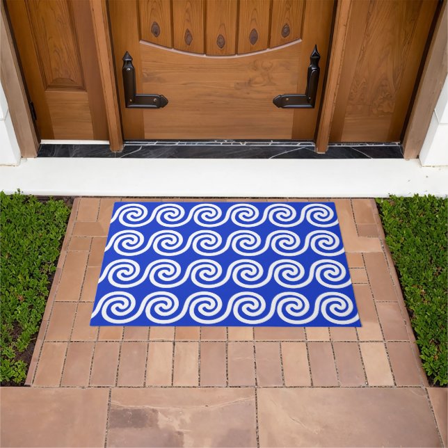 Greek Meander Key Waves Pattern Blue Doormat (Outdoor)