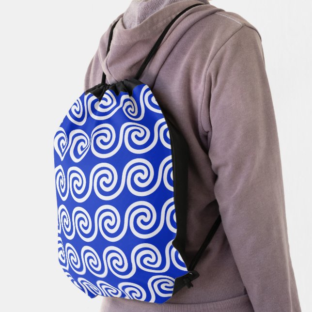 Greek Meander Key Waves Pattern Blue Drawstring Bag (Insitu)