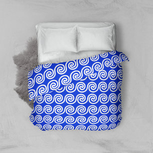 Greek Meander Key Waves Pattern Blue Duvet Cover