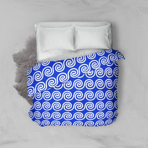 Greek Meander Key Waves Pattern Blue Duvet Cover