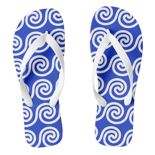 Greek Meander Key Waves Pattern Blue Flip Flops (Footbed)