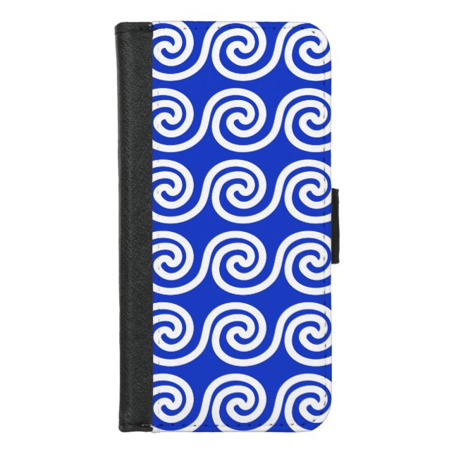 Greek Meander Key Waves Pattern Blue iPhone Wallet Case (Front)