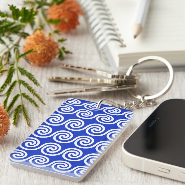 Greek Meander Key Waves Pattern Blue Keychain (Front Right)