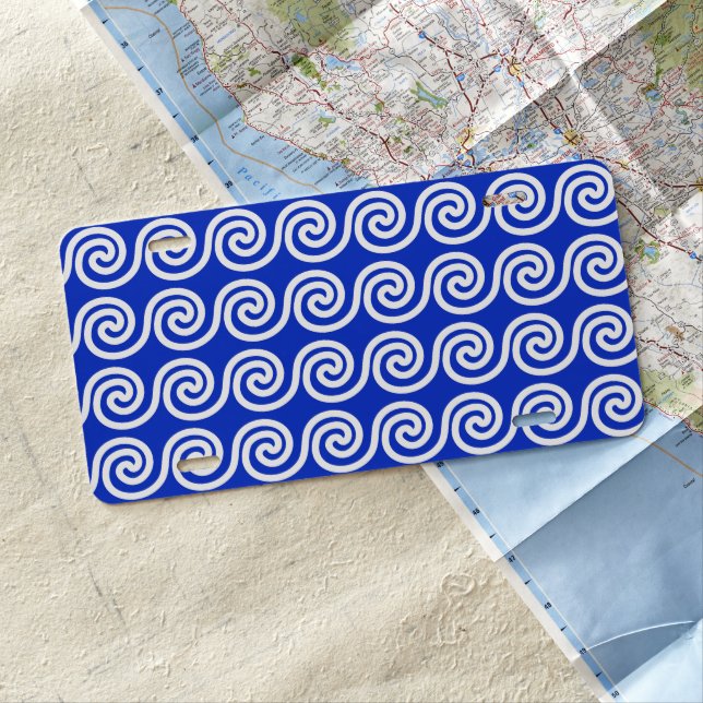 Greek Meander Key Waves Pattern Blue License Plate (In Situ)