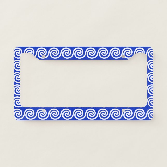 Greek Meander Key Waves Pattern Blue License Plate Frame (Front)