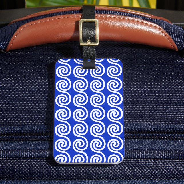 Greek Meander Key Waves Pattern Blue Luggage Tag (Front Insitu 2)