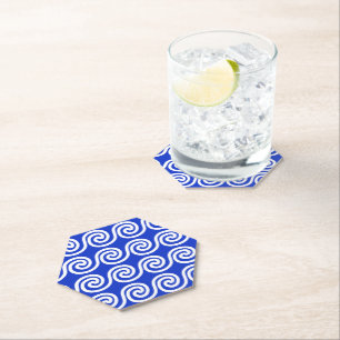 Greek Meander Key Waves Pattern Blue Paper Coaster