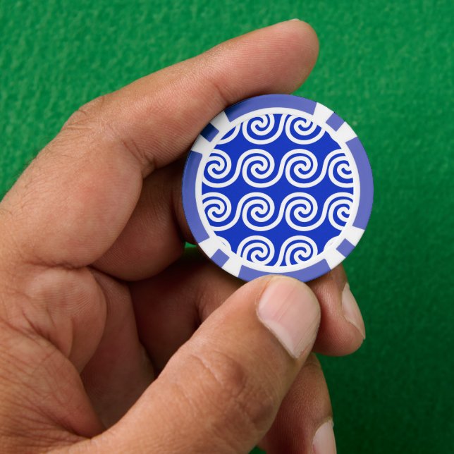 Greek Meander Key Waves Pattern Blue Poker Chips (Hand)