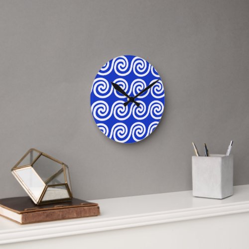 Greek Meander Key Waves Pattern Blue Round Clock