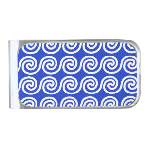 Greek Meander Key Waves Pattern Blue Silver Finish Money Clip
