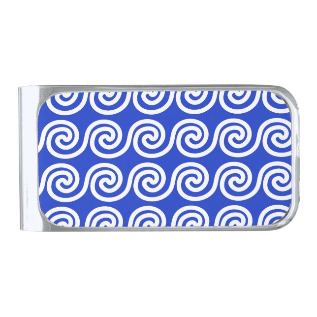 Greek Meander Key Waves Pattern Blue Silver Finish Money Clip (Front)
