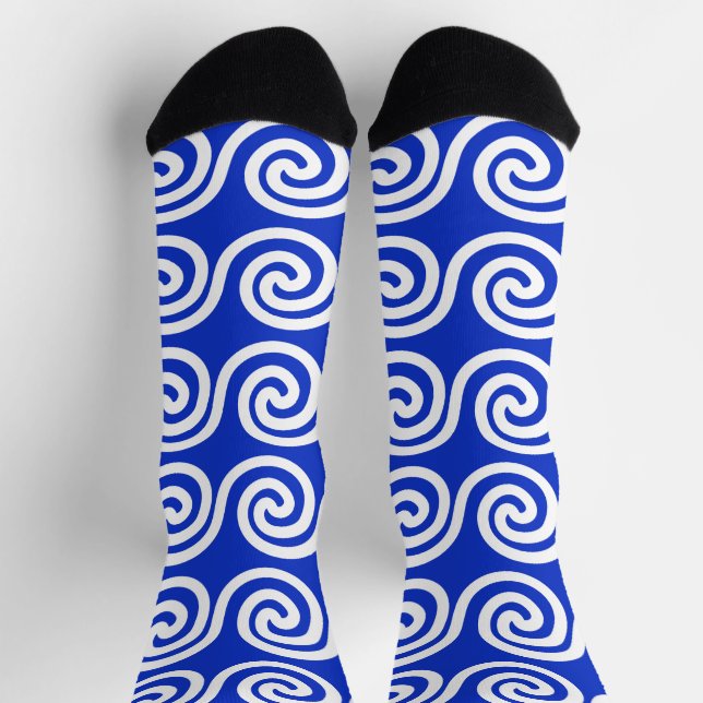Greek Meander Key Waves Pattern Blue Socks (Top)