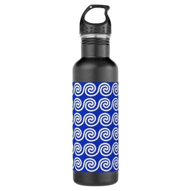 Greek Meander Key Waves Pattern Blue Stainless Steel Water Bottle (Front)