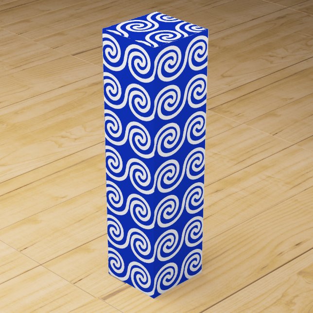 Greek Meander Key Waves Pattern Blue Wine Box (Front)