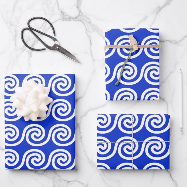 Greek Meander Key Waves Pattern Blue Wrapping Paper Sheets (Front)