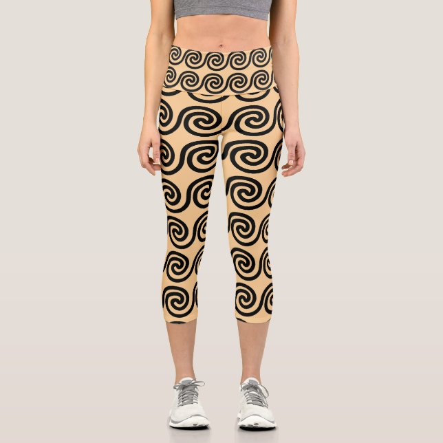 Greek Meander Key Waves Pattern Brown Capri Leggings (Front)