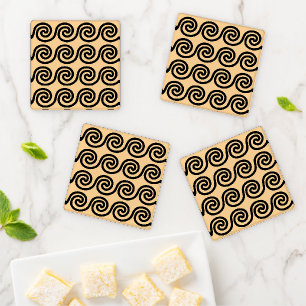 Greek Meander Key Waves Pattern Brown Coaster Set