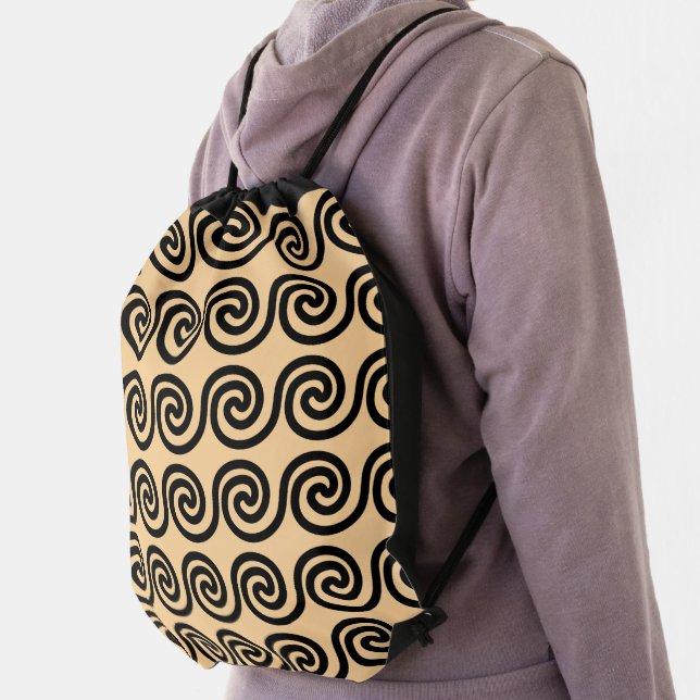 Greek Meander Key Waves Pattern Brown Drawstring Bag (Insitu)