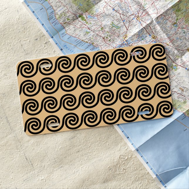 Greek Meander Key Waves Pattern Brown License Plate (In Situ)