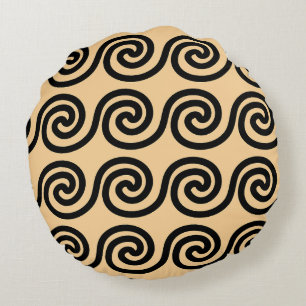 Greek Meander Key Waves Pattern Brown Round Pillow