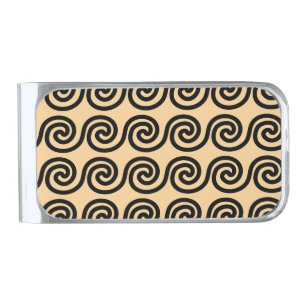 Greek Meander Key Waves Pattern Brown Silver Finish Money Clip