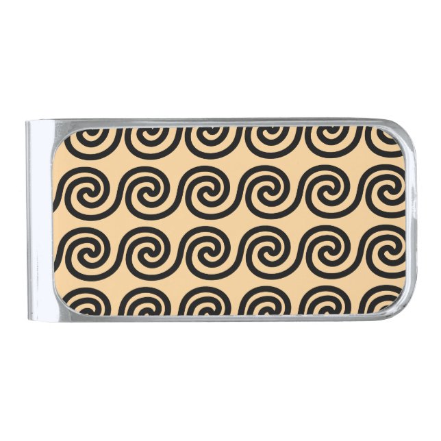 Greek Meander Key Waves Pattern Brown Silver Finish Money Clip (Front)