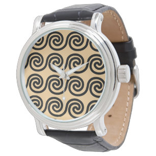 Greek Meander Key Waves Pattern Brown Watch
