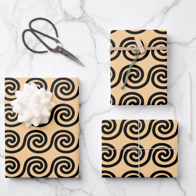 Greek Meander Key Waves Pattern Brown Wrapping Paper Sheets (Front)