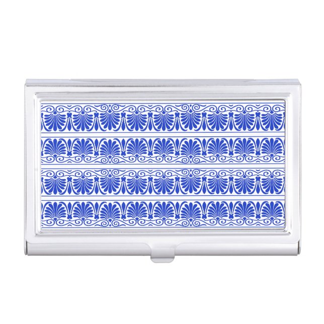 Greek Mediterranean Arabesque Pattern Blue Business Card Case (Front)