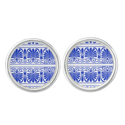 Greek Mediterranean Arabesque Pattern Blue Cufflinks