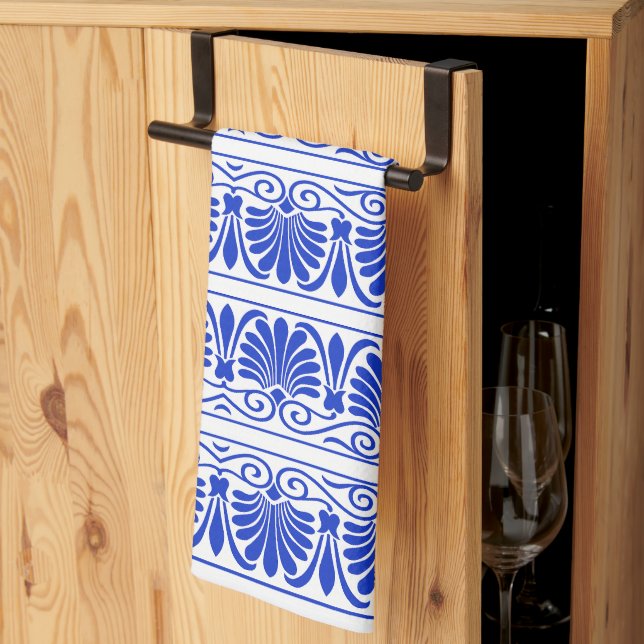 Greek Mediterranean Arabesque Pattern Blue Kitchen Towel (Thirds Fold)