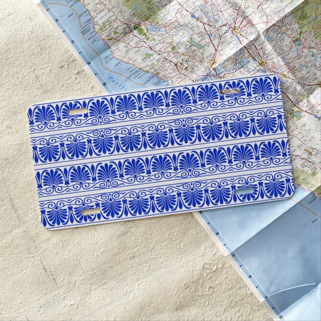 Greek Mediterranean Arabesque Pattern Blue License Plate (In Situ)