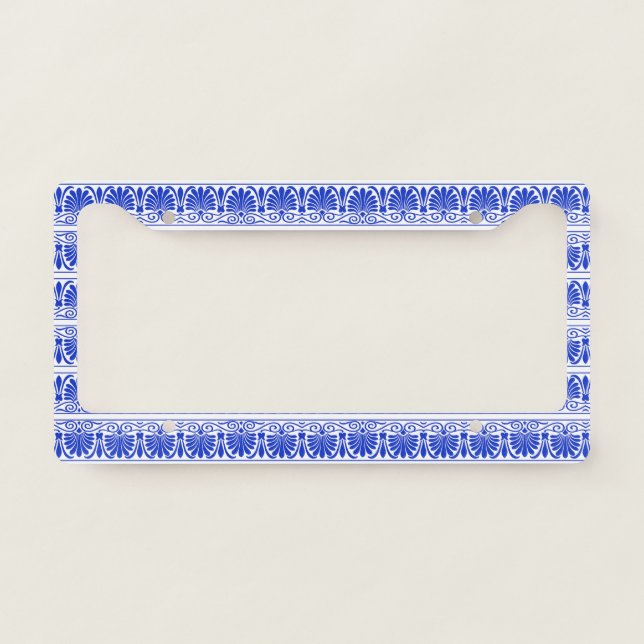 Greek Mediterranean Arabesque Pattern Blue License Plate Frame (Front)