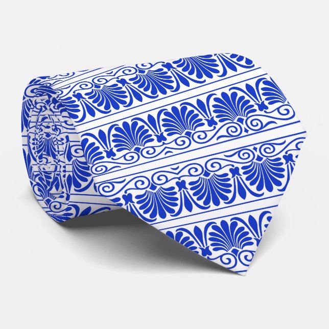 Greek Mediterranean Arabesque Pattern Blue Neck Tie (Rolled)